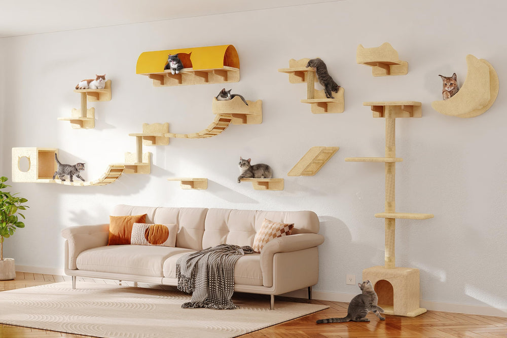 Homiflex cat wall shelves 26-in-1 setup showing modular plush platforms for vertical enrichment.