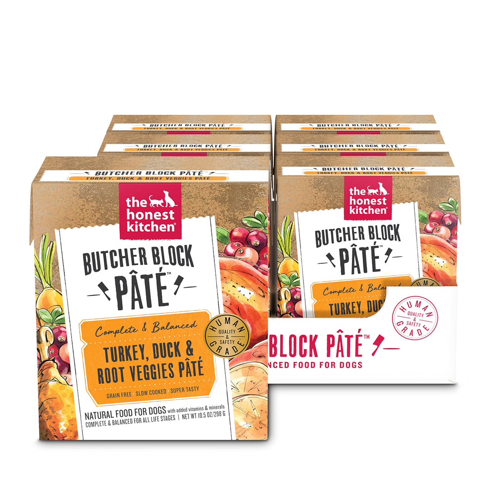 The Honest Kitchen Butcher Block Pâté with turkey-duck-veg texture, smooth meal ready for feeding.