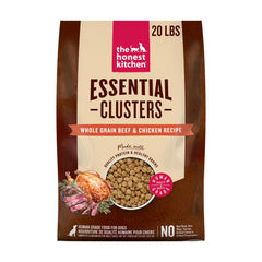 The Honest Kitchen Essential Clusters bag front shows beef and chicken protein for adult dogs.