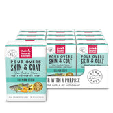 The Honest Kitchen Pour Overs Skin & Coat Salmon Stew bottle, a convenient topper for a shiny coat.