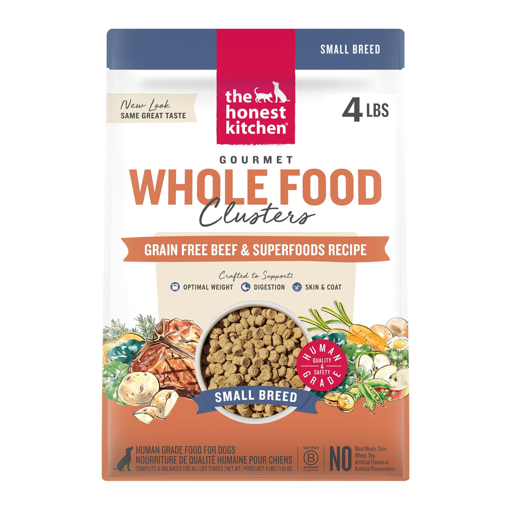 The Honest Kitchen Small Breed Beef Clusters packaging showing premium, human-grade ingredients for discerning pet owners