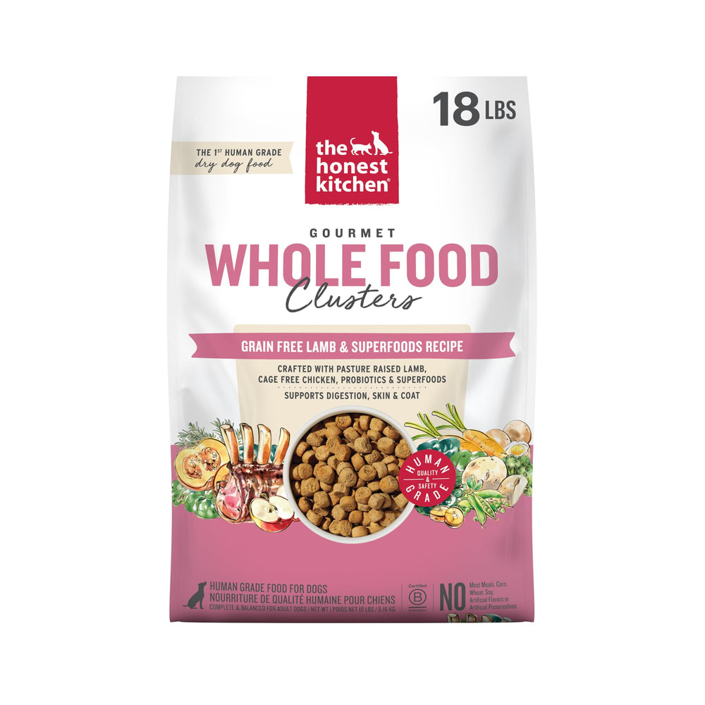 The Honest Kitchen grain-free lamb clusters for adult dogs.