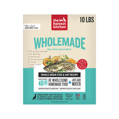 The Honest Kitchen Wholemade packaging highlights human-grade ingredients and convenient 10 lb to 40 lb rehydration.