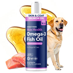 Honest Paws Salmon Oil bottle pour; supports skin and coat health.