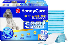 Honey Care all-absorb training pads in blue show 17.5x23.5 inch size for quick absorption.