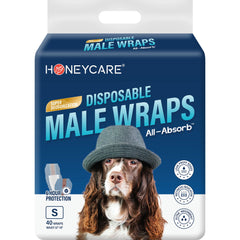 Honeycare wrap with absorbent core to keep senior dogs dry during daily activities.
