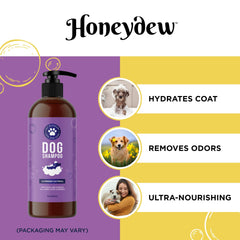 Honeydew Cleansing Dog Shampoo bottle closeup lavender highlight for calming aroma