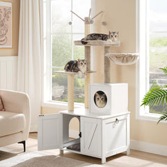 HOOBRO cat tree tower features white wood and plush cushions for cozy lounging.