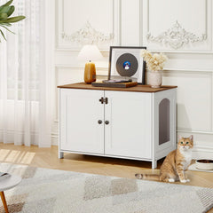 HOOBRO Litter Box Enclosure divider removable illustrates customizable interior for different litter box sizes.