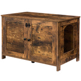 HOOBRO litter box enclosure front view highlights rustic finish and discreet integration