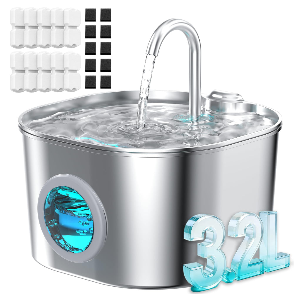 HOOISE stainless-steel cat fountain with window and 108oz capacity for easy monitoring.