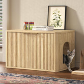 Hootata 31.5-inch oak litter box enclosure front view with concealed litter space