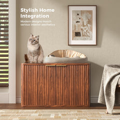 Hootata walnut litter box enclosure door open reveals private cat potty area.