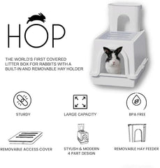 HOP Rabbit Litter Box spill-proof tray reduces mess during hay refills.