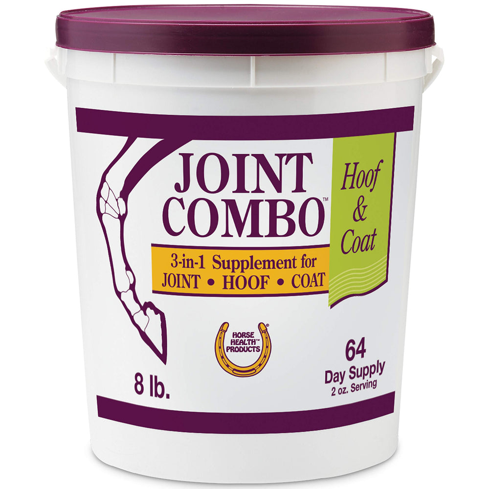 Horse Health Joint Combo pellets in a bottle for convenient joint and coat support.