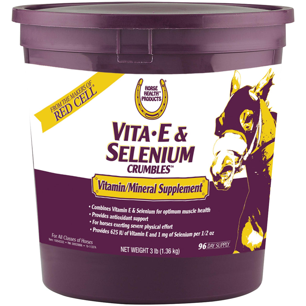 Horse Health Vita E & Selenium Crumbles bottle pour, supports endurance and recovery.