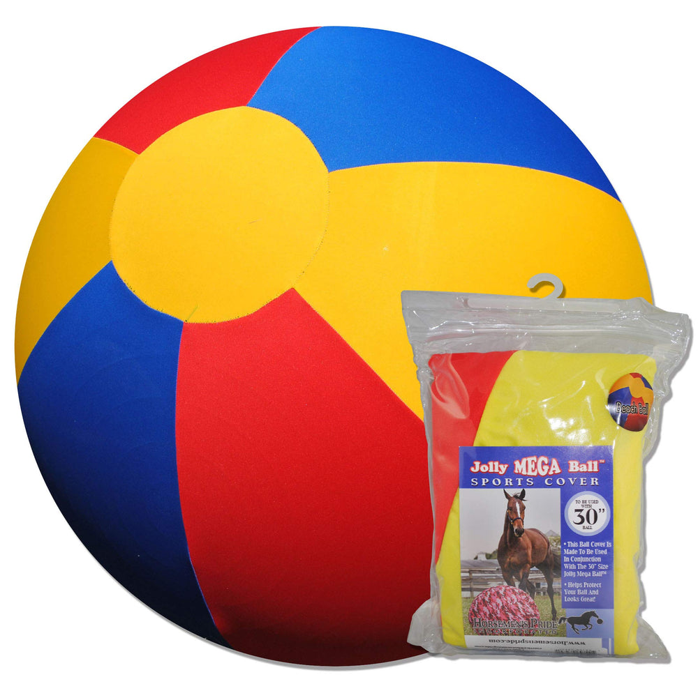 Horsemen's Pride Jolly Pets Mega Beach Ball Cover on a 30-inch ball, protects surface during play