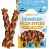 Hotspot Pets braided bully sticks 6 inch pack shown, natural beef chew for dogs