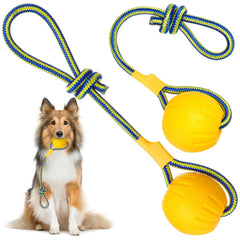 Hsei dog ball with rope in yellow, two-pack for fetch and tug games.