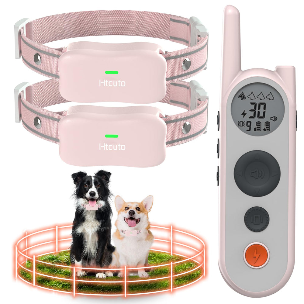 Htcuto wireless dog fence setup shows cable-free installation in minutes.
