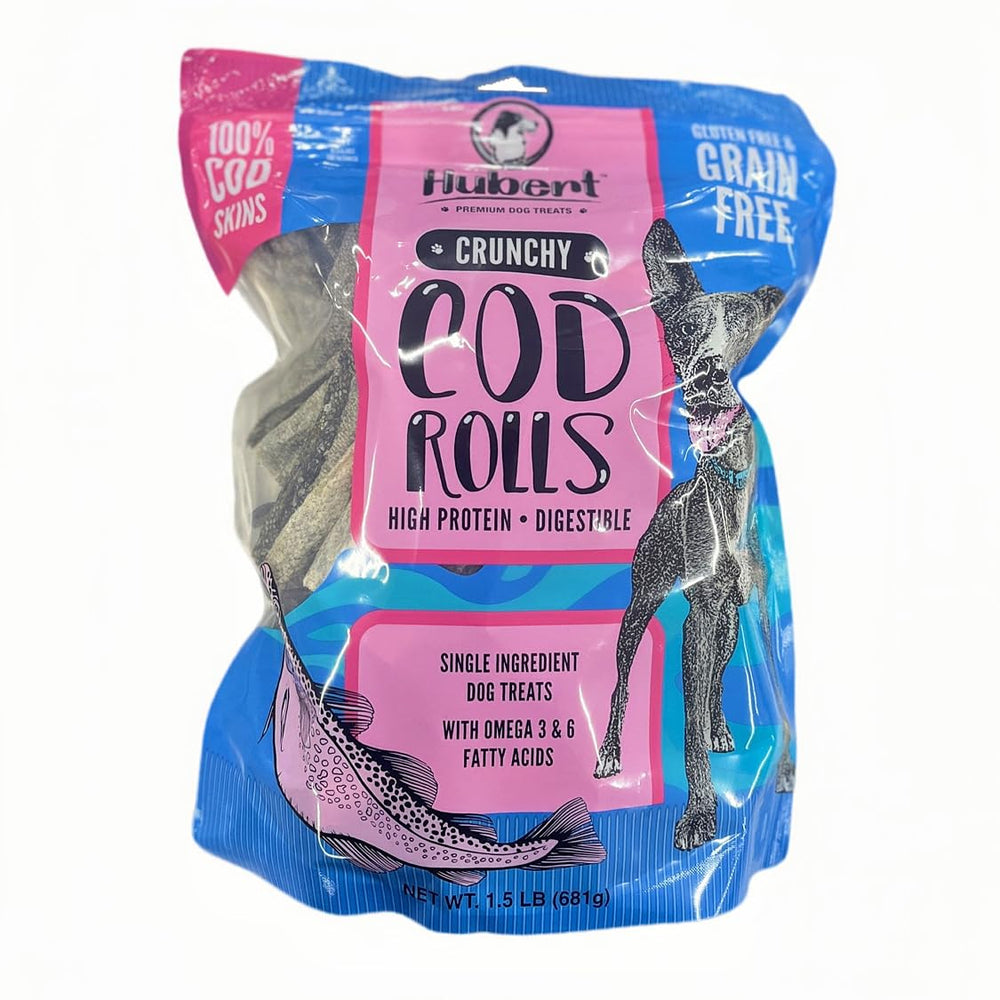 Hubert Premium Cod Skin Rolls pack shot highlighting pure ingredient benefits for dogs
