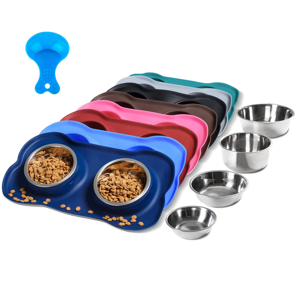 Hubulk stainless steel dog bowls with no-spill mat help keep feeding area tidy.