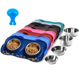 Hubulk stainless steel dog bowls with no-spill mat help keep feeding area tidy.