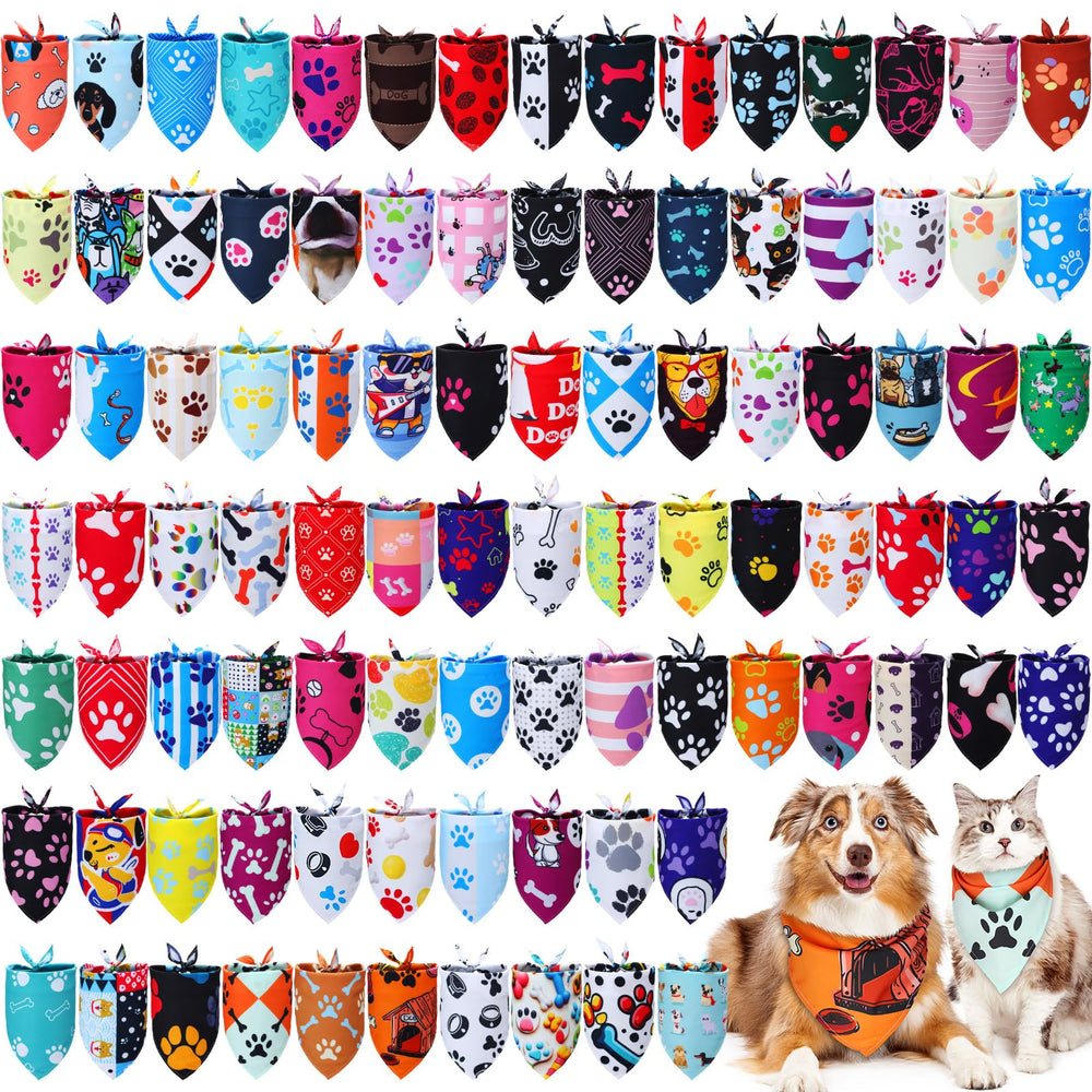 Huhumy 100-pack paw bandanas in vibrant paw patterns for stylish medium dogs.