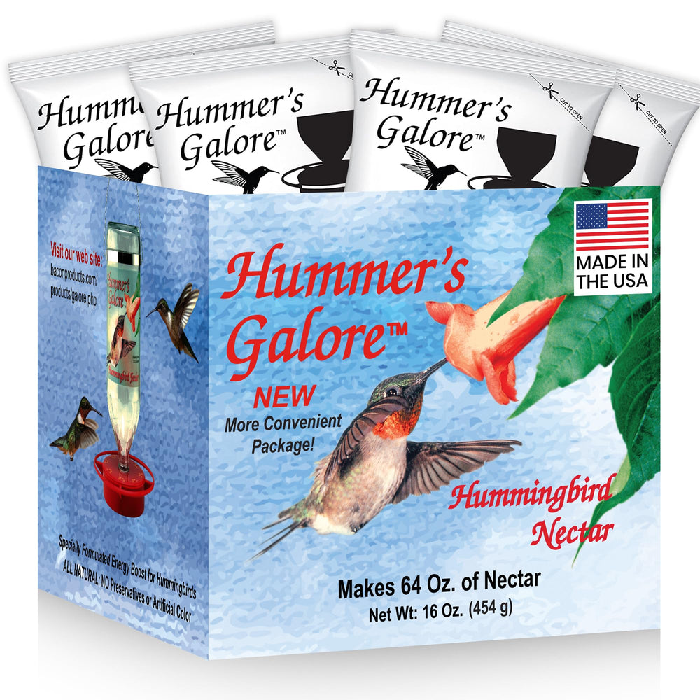 Hummers Galore ready-to-mix nectar packets for quick, mess-free hummingbird feeding