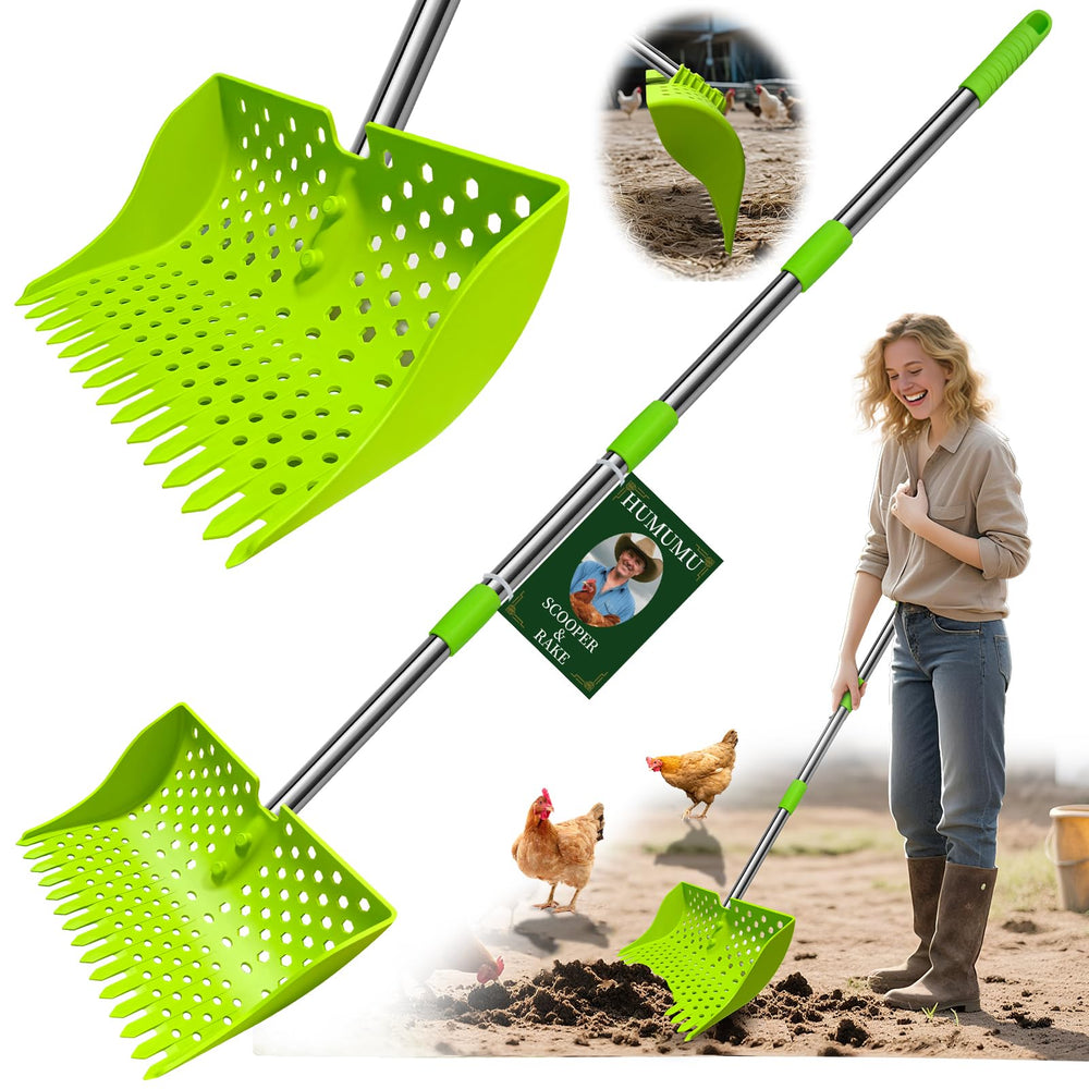 HUMUMU 12-inch 2-in-1 pooper-scooper-rake in action for coop cleanup