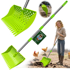 HUMUMU 12-inch 2-in-1 pooper-scooper-rake in action for coop cleanup