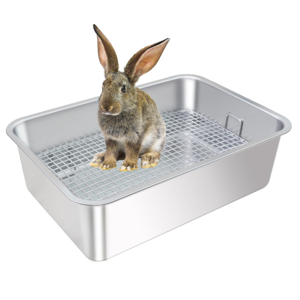 HUQIZOO large stainless steel rabbit litter box with grid keeps paws clean and dry.