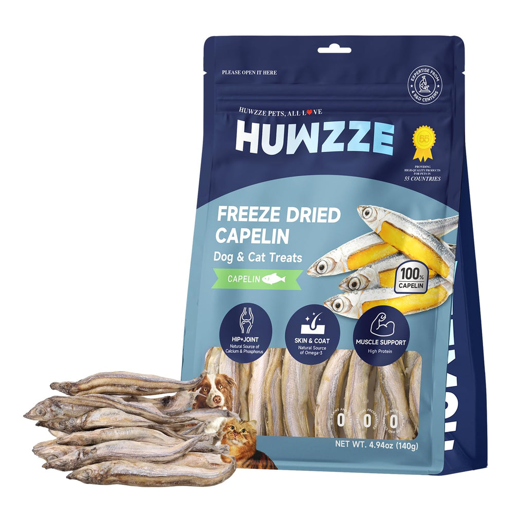 HUWZZE Capelin Treats bag closeup shows single ingredient nutrition for dogs and cats