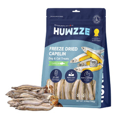 HUWZZE Capelin Treats bag closeup shows single ingredient nutrition for dogs and cats