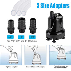 Hygger 1060GPH pump with three adapters offers flexible flow options.