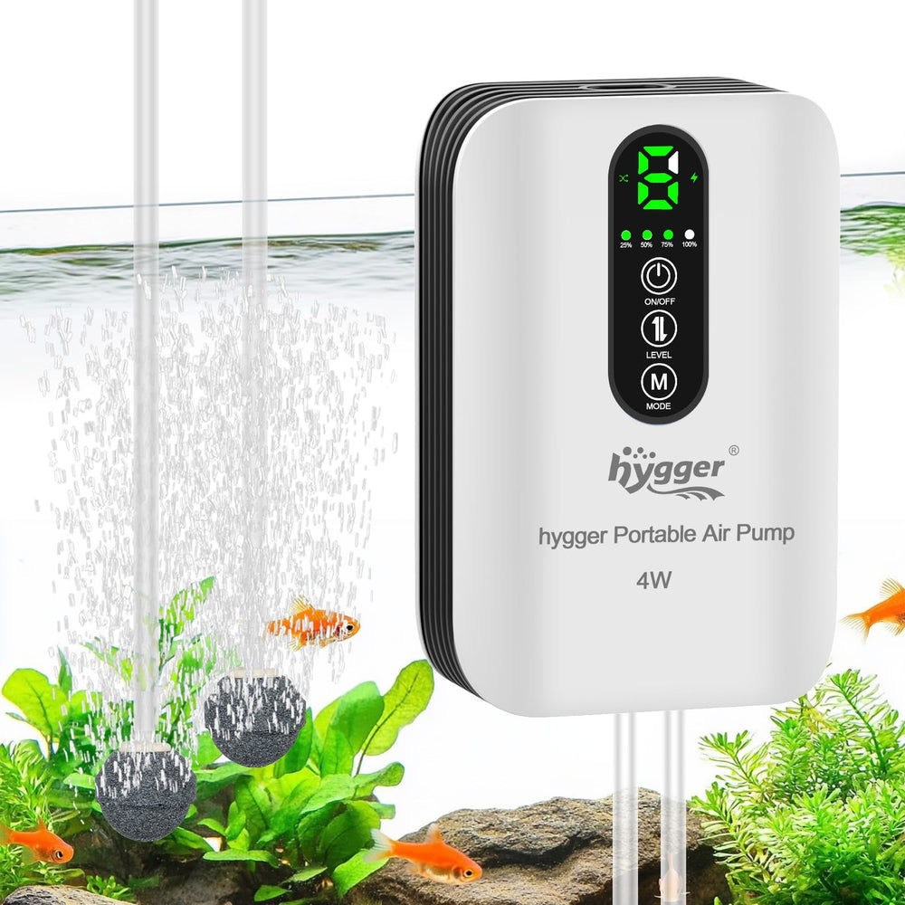 Hygger battery-powered aquarium air pump delivers versatile aeration for 10-120 gal tanks.