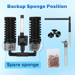 Hygger sponge filter rain mode output mimics gentle rainfall for delicate shrimp.