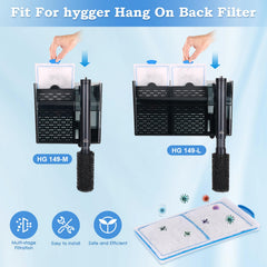 Hygger HG149-M/L compatibility shown on cartridge packaging.