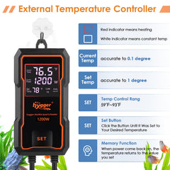 Hygger Submersible Heater 1200W side view shows compact installation and mounting.