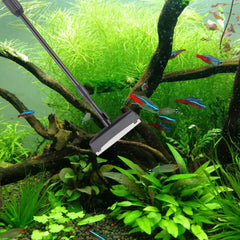 hygger telescoping handle extended to reach deeper tanks with minimal effort.