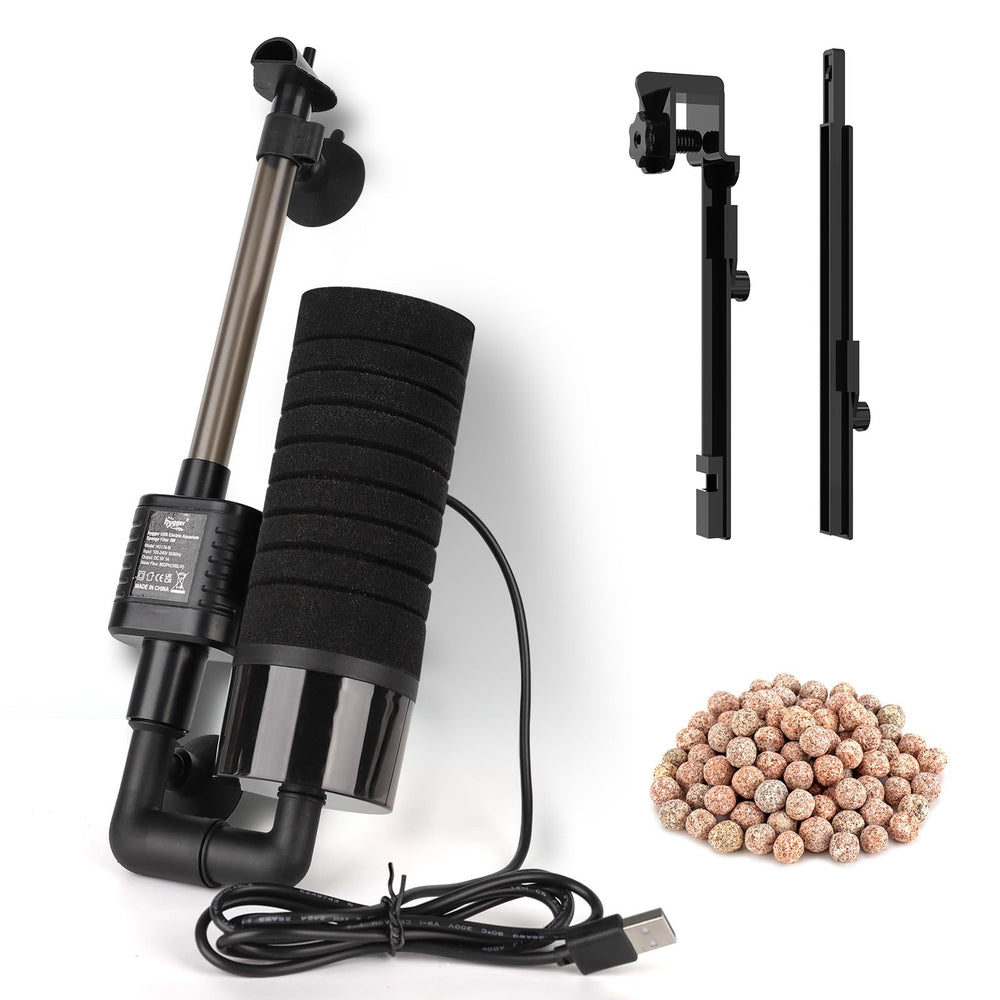 Hygger USB sponge filter with hanging clip in a compact aquarium for reliable filtration.