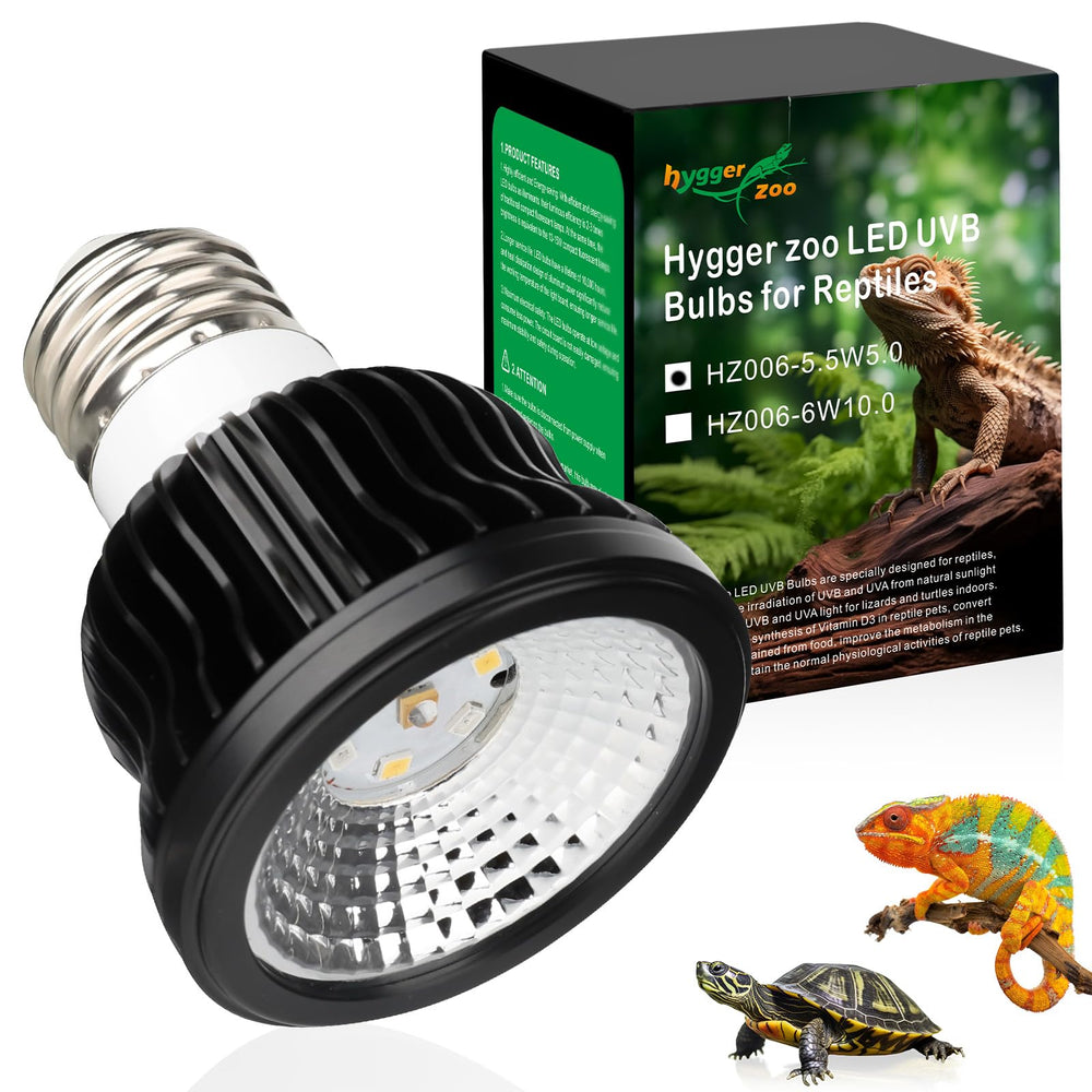 Hygger Zoo UVB light bulb closeup showing compact design for reptiles and calcium support.