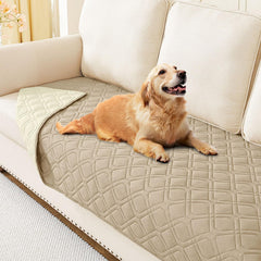 Hyha waterproof dog bed blanket on a sofa protects upholstery from spills and mess.