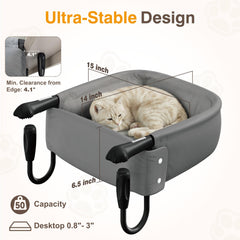 Hylemoros cat desk bed mounted securely to a desk with tool-free installation.