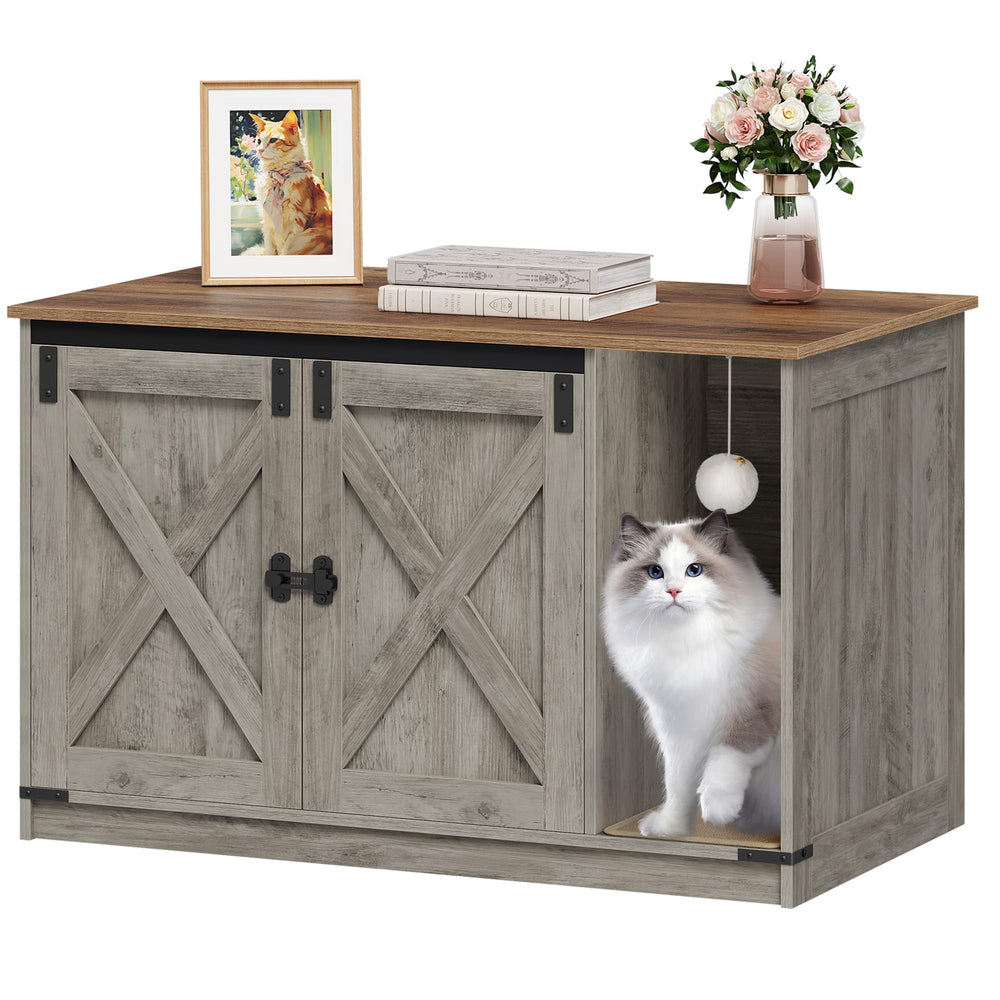 Hzuaneri cat litter box enclosure front view with barn door for privacy.