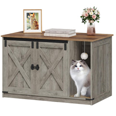 Hzuaneri cat litter box enclosure front view with barn door for privacy.