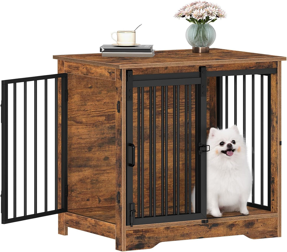 Hzuaneri dog crate furniture with barn door front view showing space-saving design.