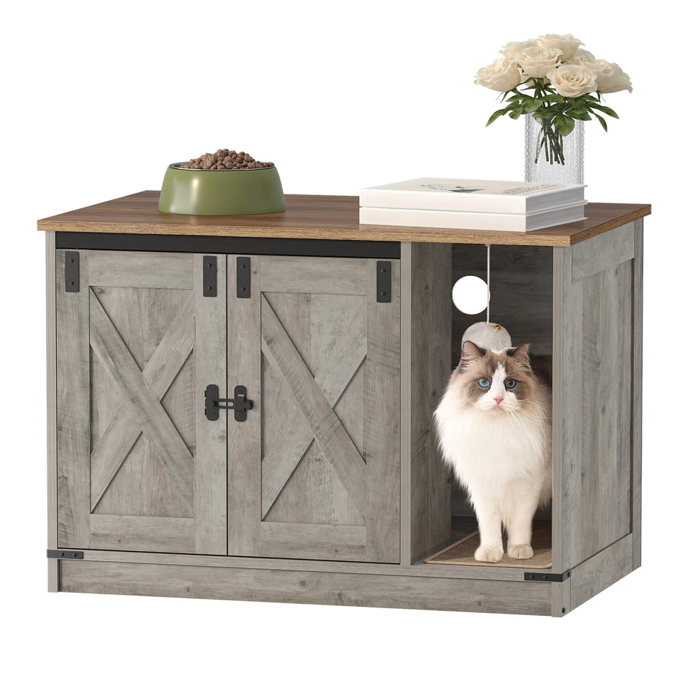 Hzuaneri hidden litter box cabinet with barn door for discreet pet bathroom.