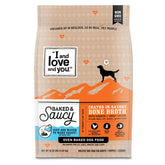 I AND LOVE AND YOU baked-saucy-dry-dog-food chicken-pot kibble with bone broth coating for flavor.