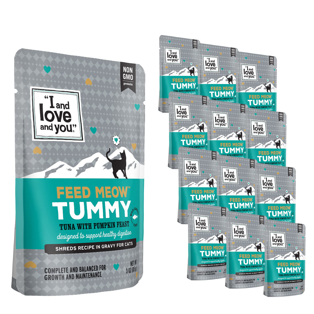 I and Love and You Feed Meow Tummy tuna-pumpkin shredded boosts protein flavor.
